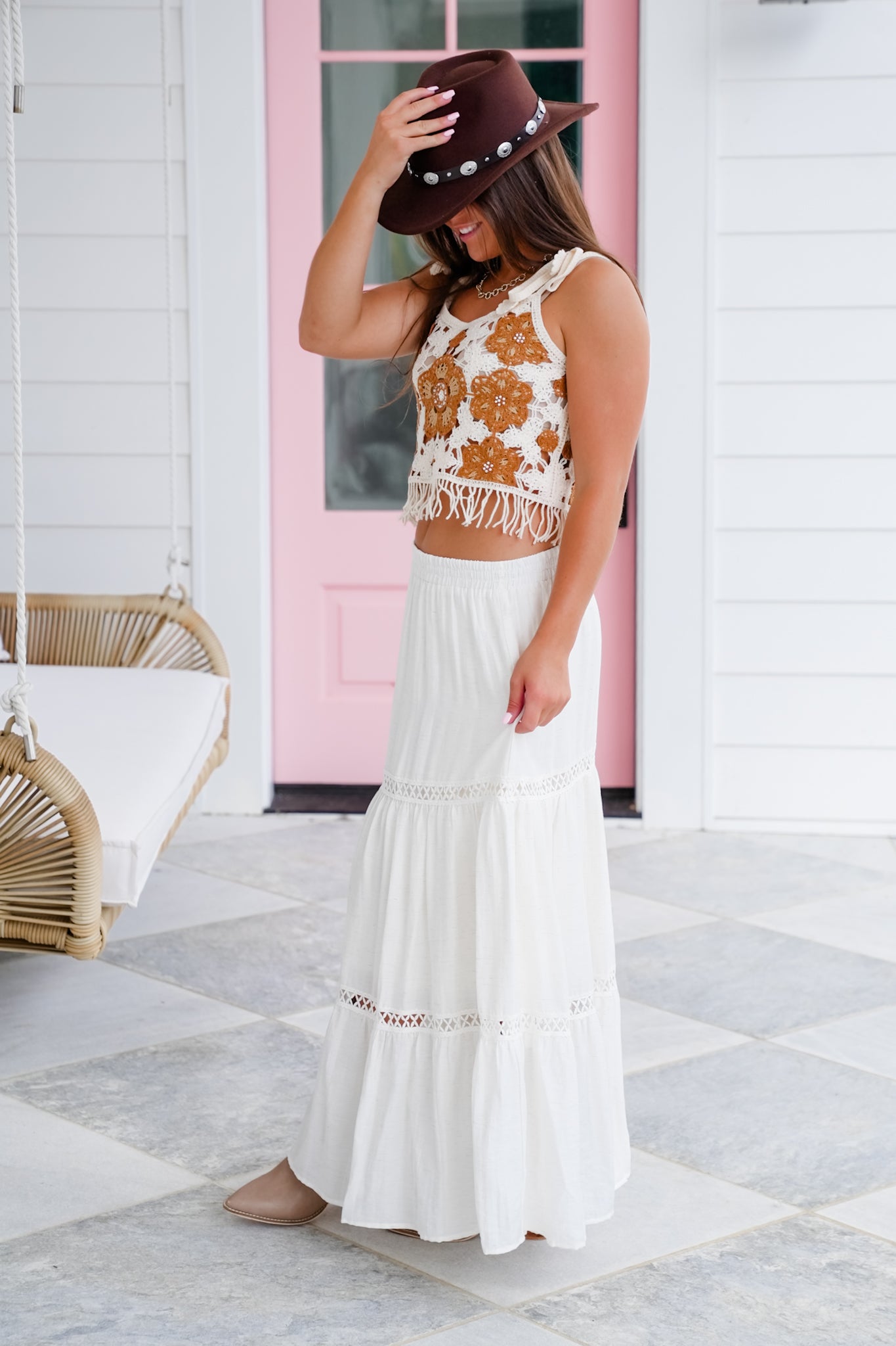 POL Crochet Sleeveless Cropped Top with Knit Floral Detail
