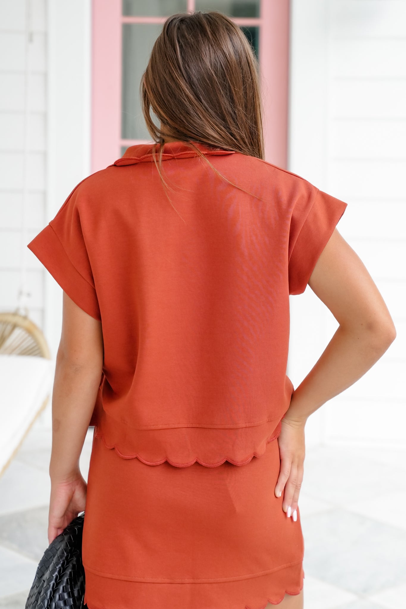 Solid Short Sleeve Half Button Up Top with Scallop Hem