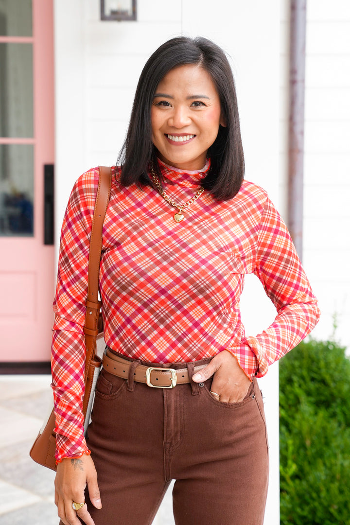 Plus/Reg Fall Plaid Long Sleeve Mock Neck Mesh Top