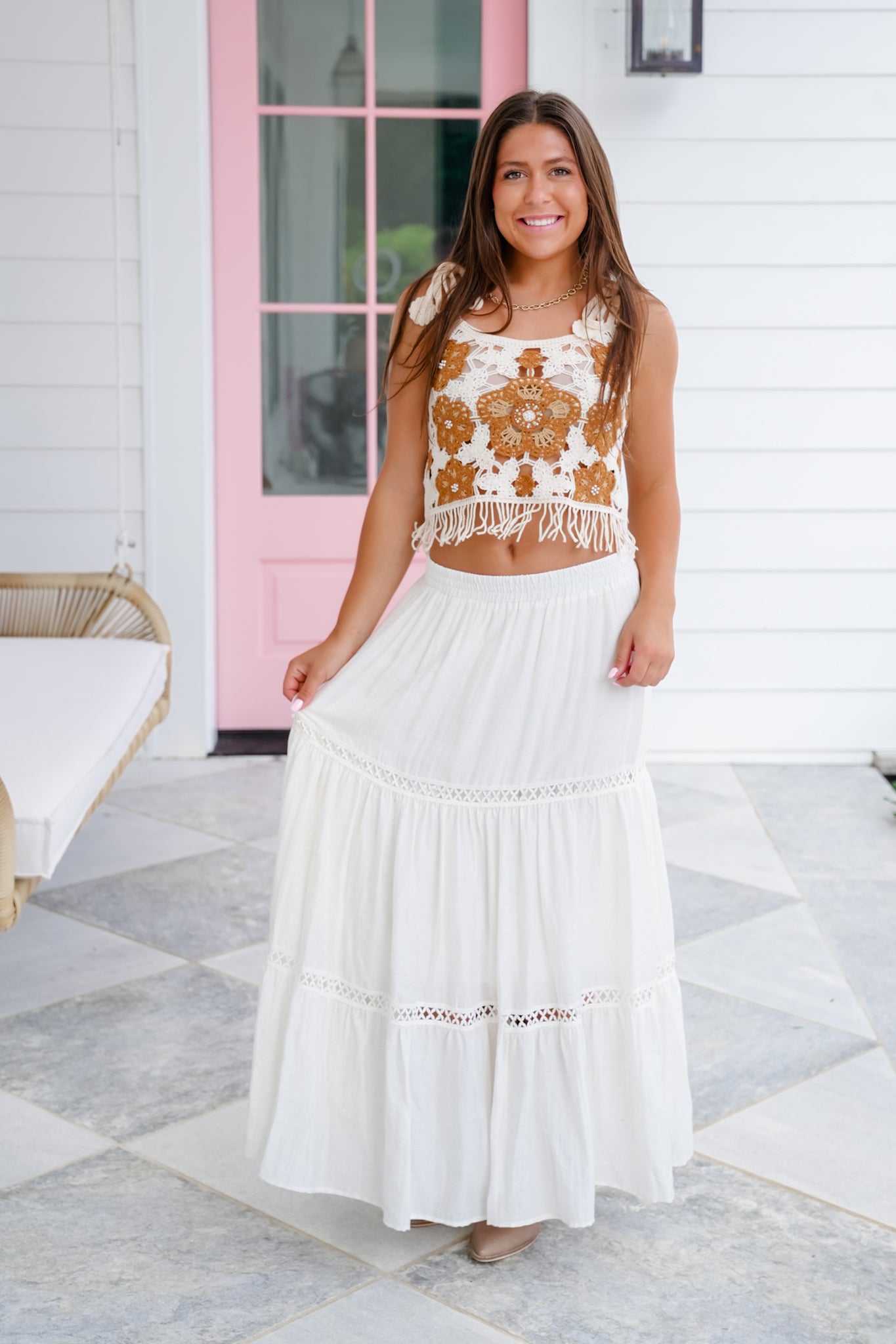 POL Crochet Sleeveless Cropped Top with Knit Floral Detail