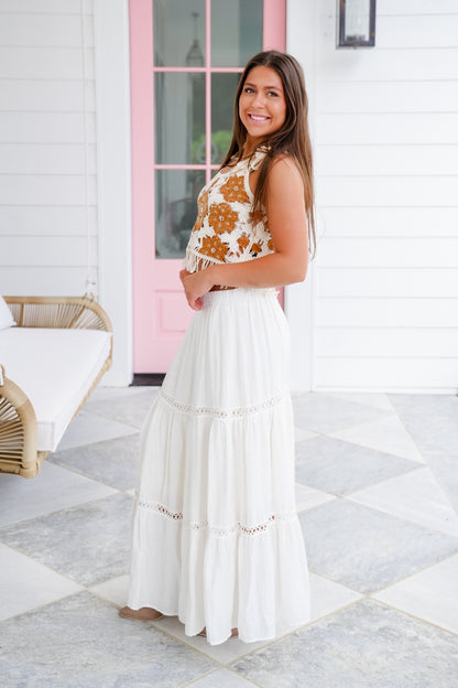 POL Crochet Sleeveless Cropped Top with Knit Floral Detail