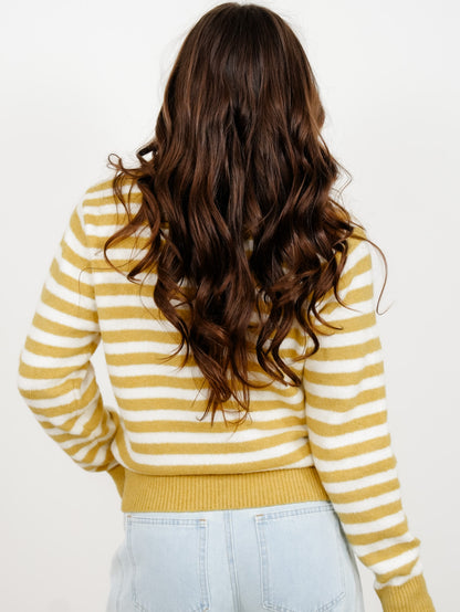 Stripe Long Sleeve Button Up Sweater with Lace Trim