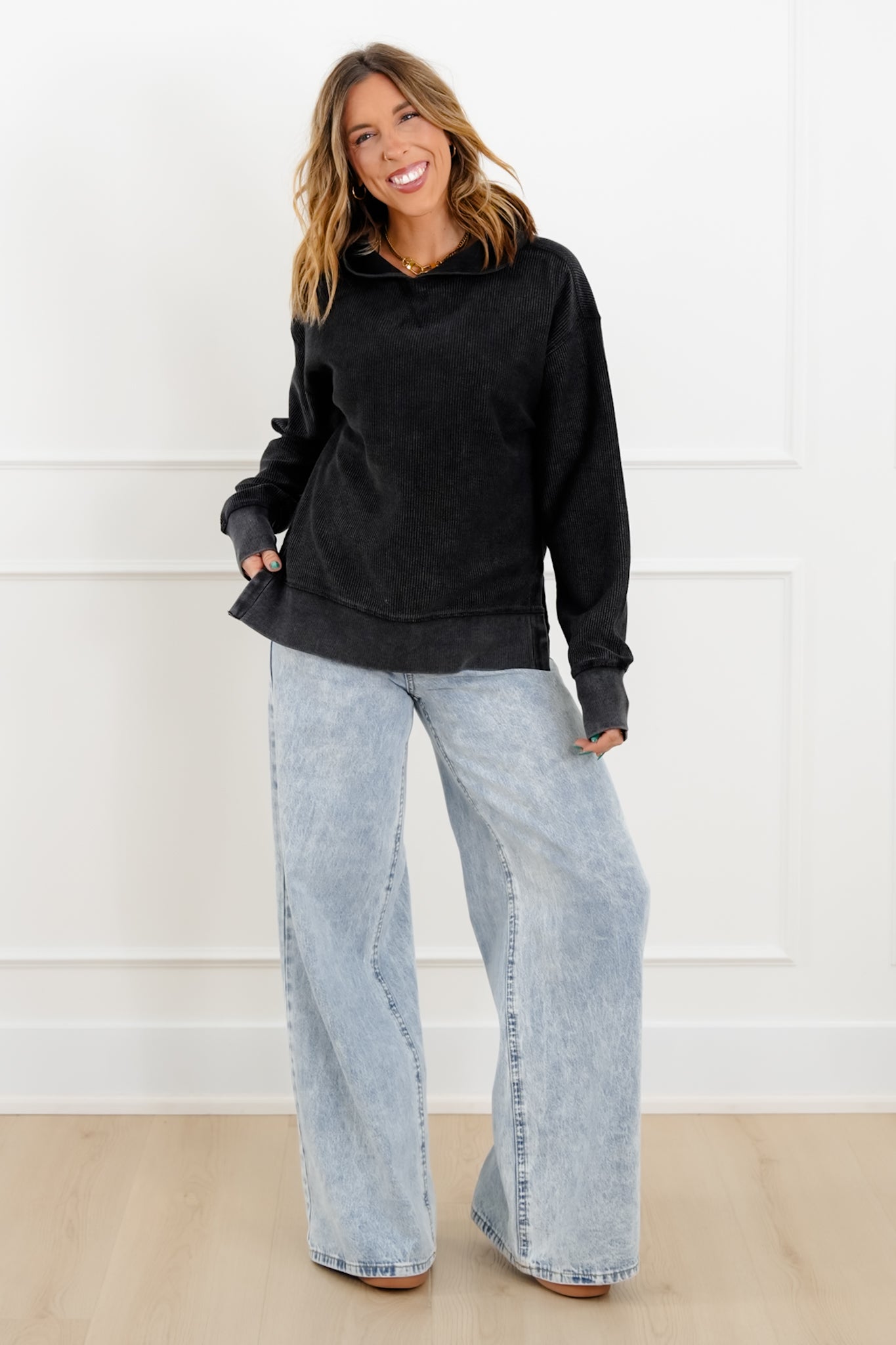 Plus/Reg Ribbed Long Sleeve Hooded Pullover Sweatshirt