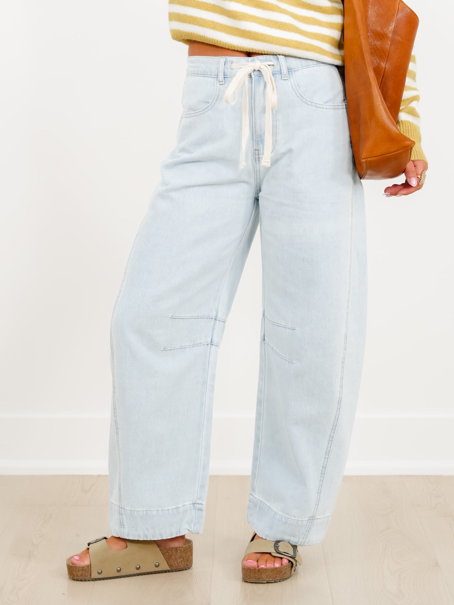 Light Wash Barrel Jeans with Floral Cuff