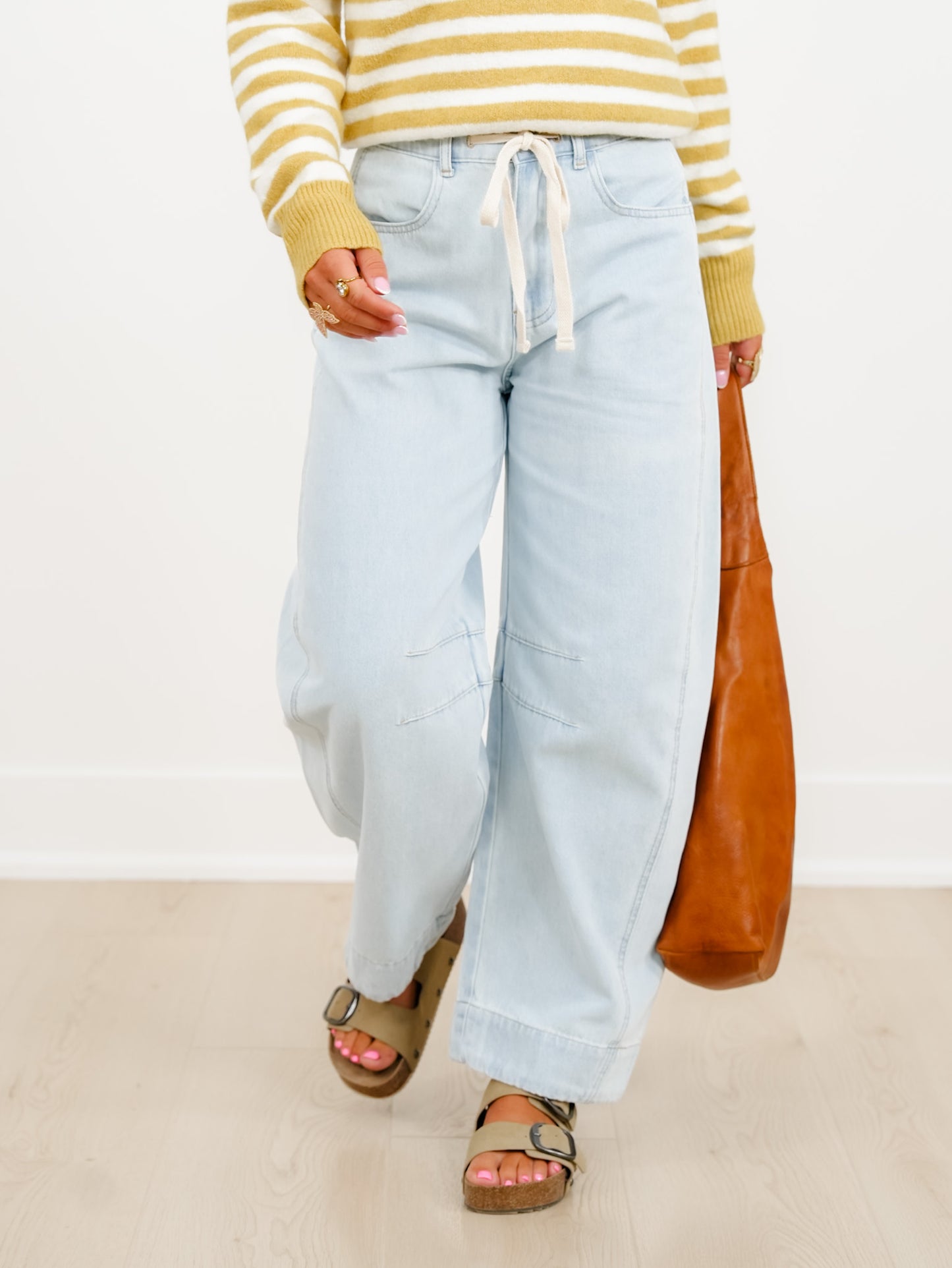 Light Wash Barrel Jeans with Floral Cuff