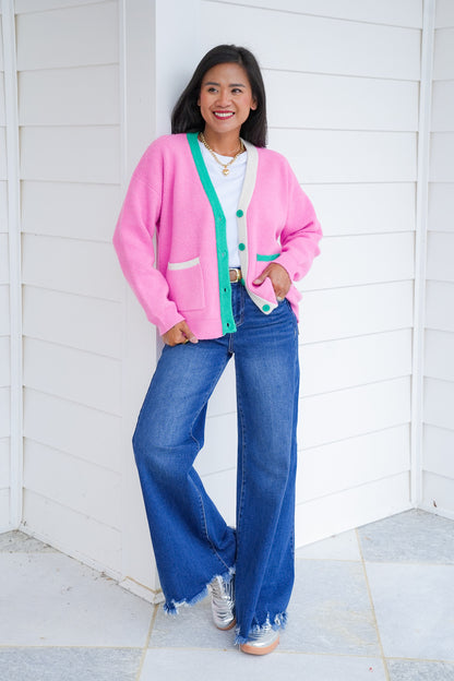 Long Sleeve Knit Cardigan with Contrast Trim Detail