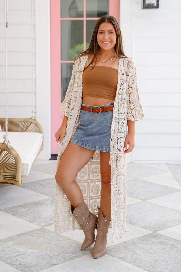 POL Crochet 3/4 Sleeve Long Cardigan with Front Tie Detail
