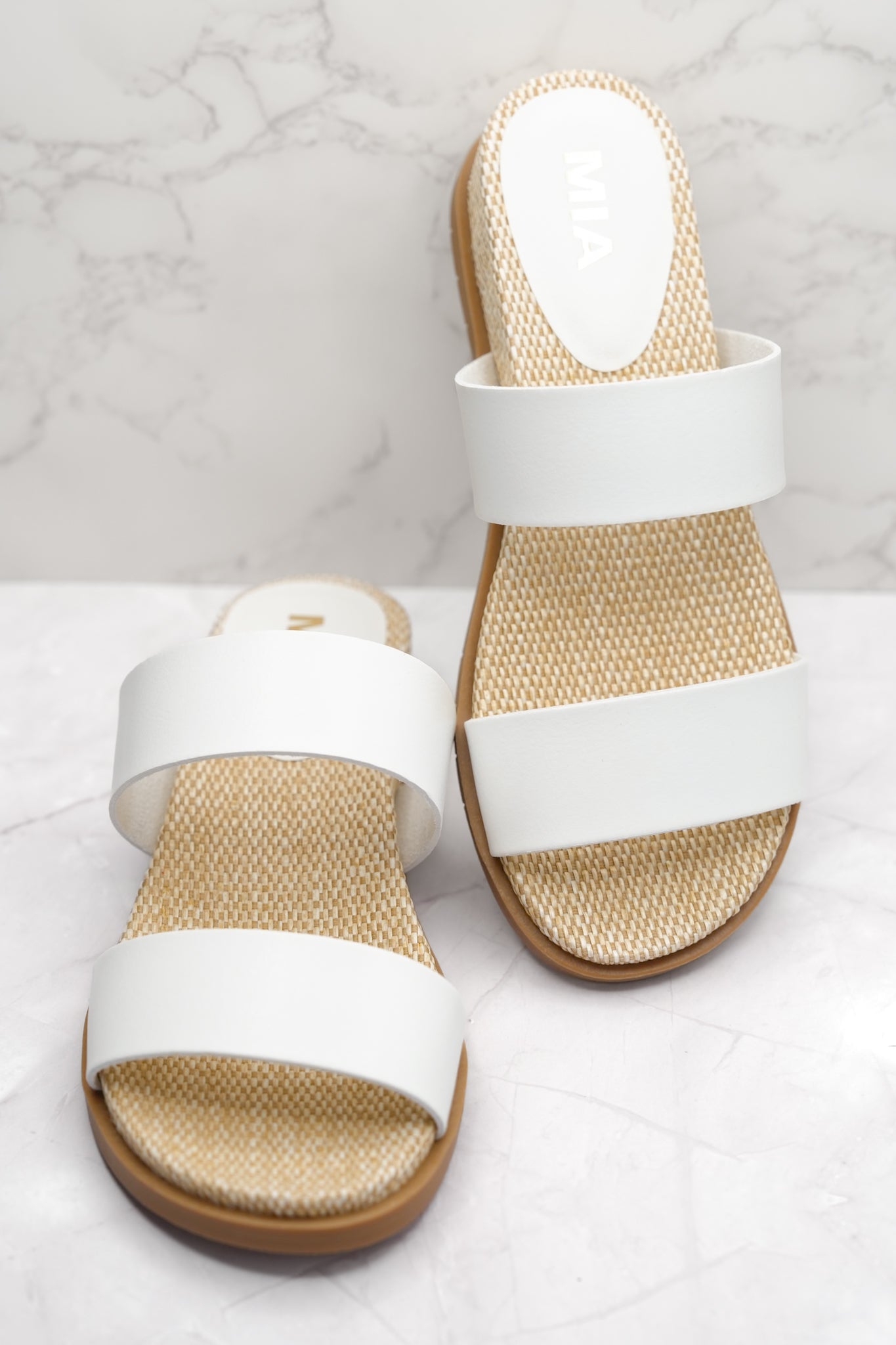 MIA Double Strap Slide Sandal with Woven Footbed