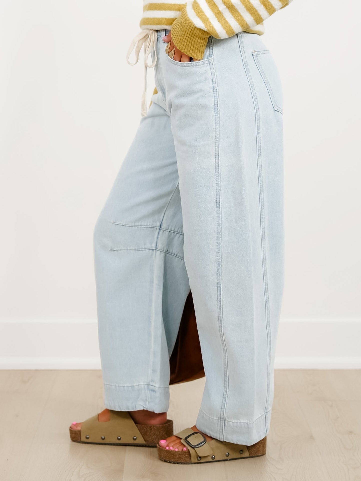 Light Wash Barrel Jeans with Floral Cuff