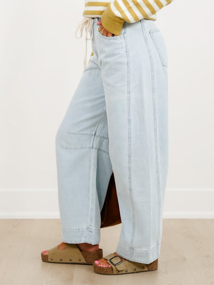Light Wash Barrel Jeans with Floral Cuff