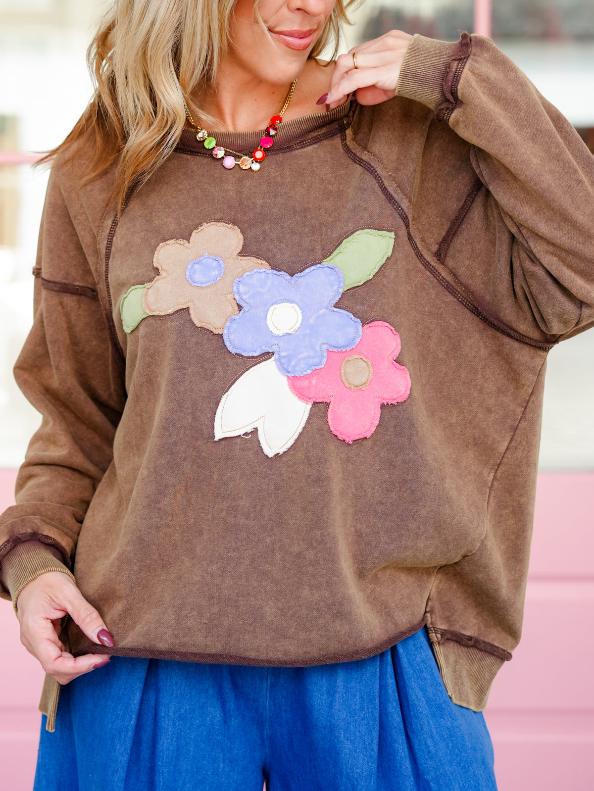 Long Sleeve Pullover Top with Floral Patch Detail - Freckled Poppy