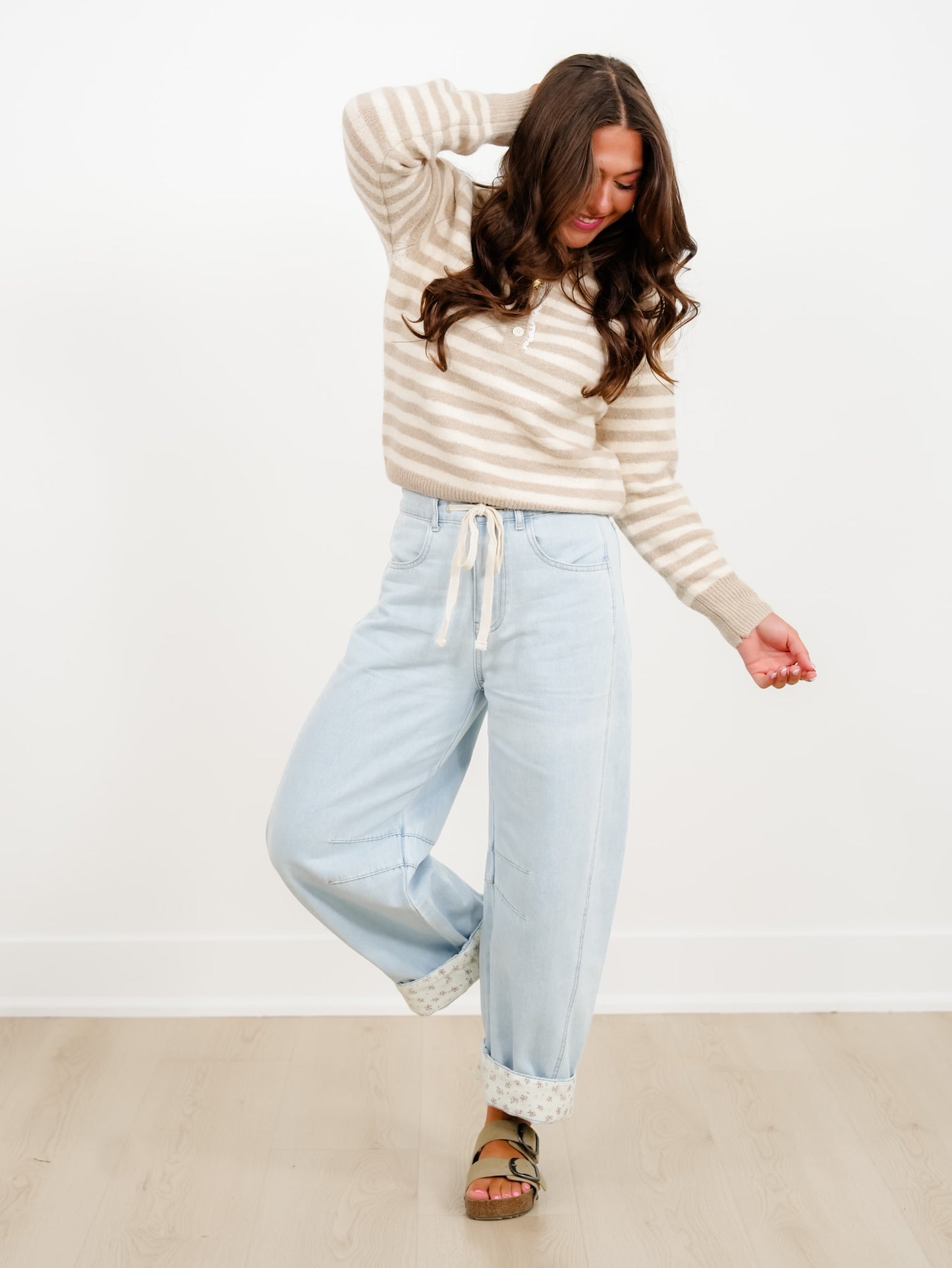 Stripe Long Sleeve Button Up Sweater with Lace Trim