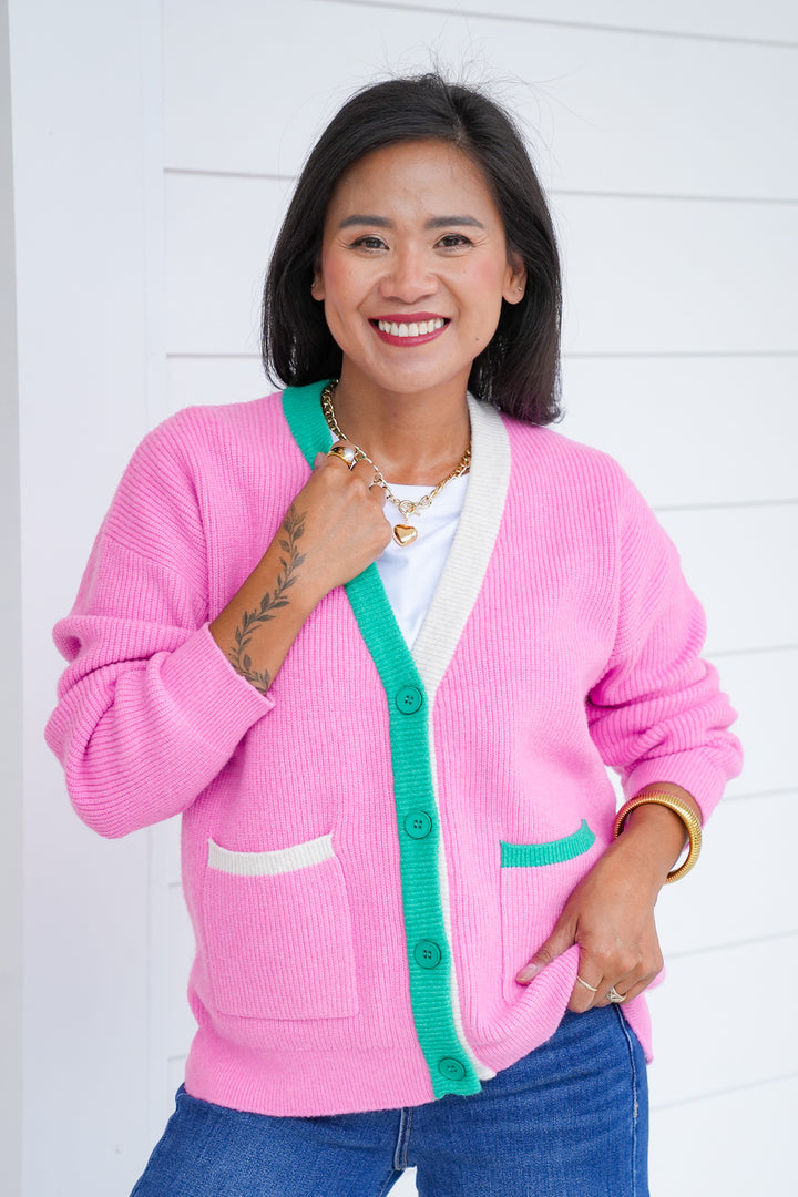 Long Sleeve Knit Cardigan with Contrast Trim Detail