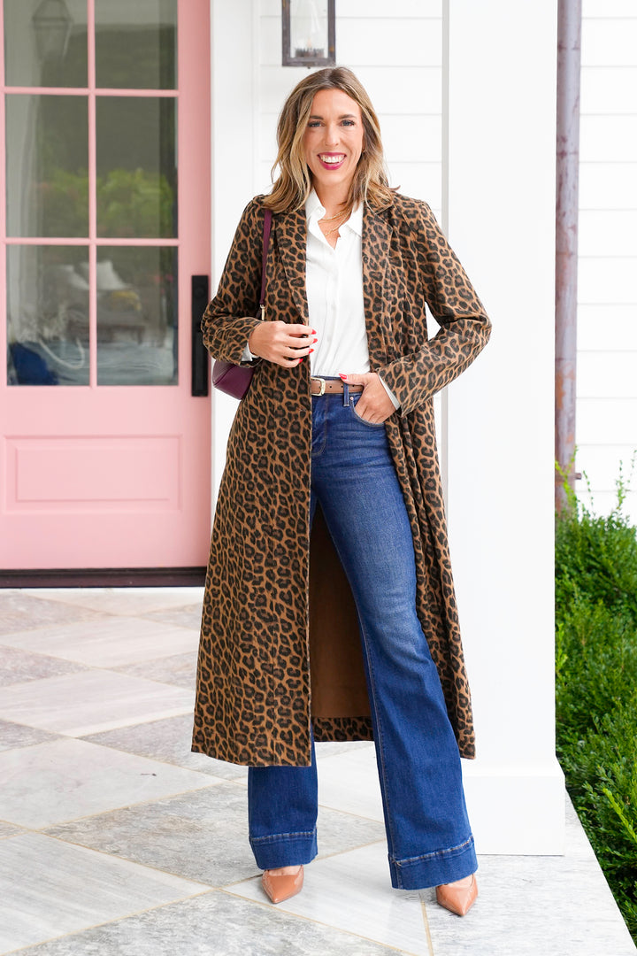Vintage Washed Leopard Print Long Sleeve Maxi Jacket