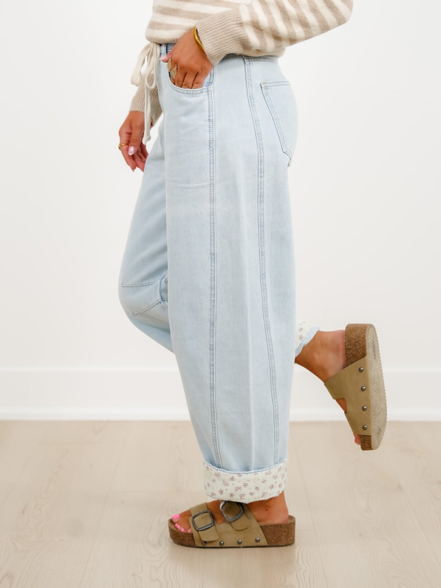 Light Wash Barrel Jeans with Floral Cuff