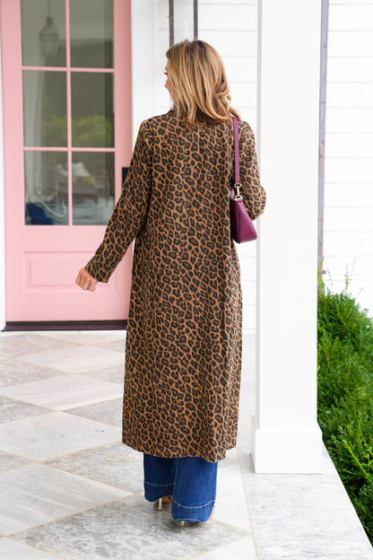 Vintage Washed Leopard Print Long Sleeve Maxi Jacket