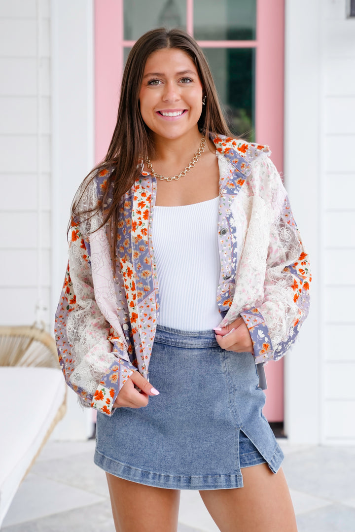 POL Long Sleeve Button Up Top with Floral Patchwork Detail