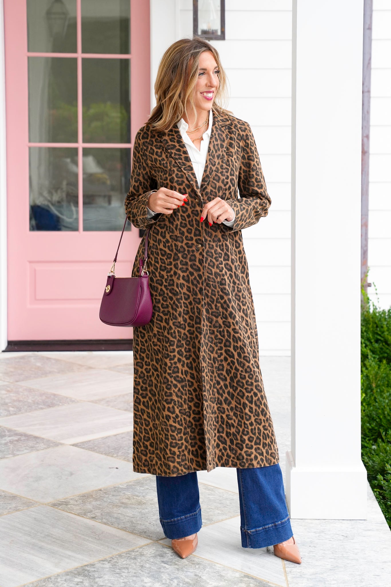 Vintage Washed Leopard Print Long Sleeve Maxi Jacket