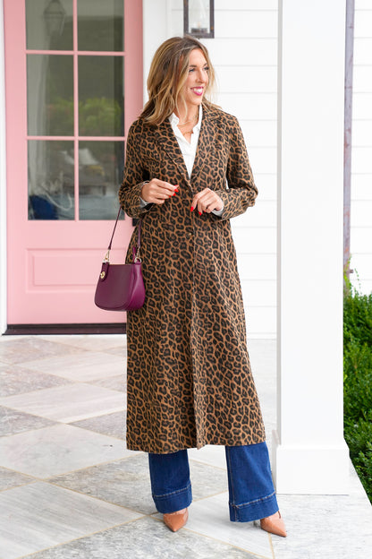 Vintage Washed Leopard Print Long Sleeve Maxi Jacket