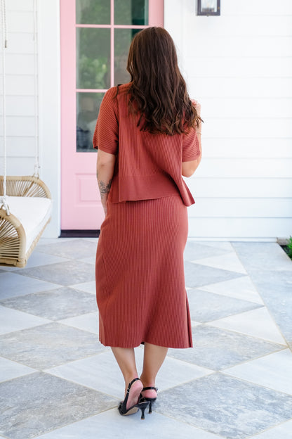 Ribbed Knit Short Sleeve Top and Skirt Set