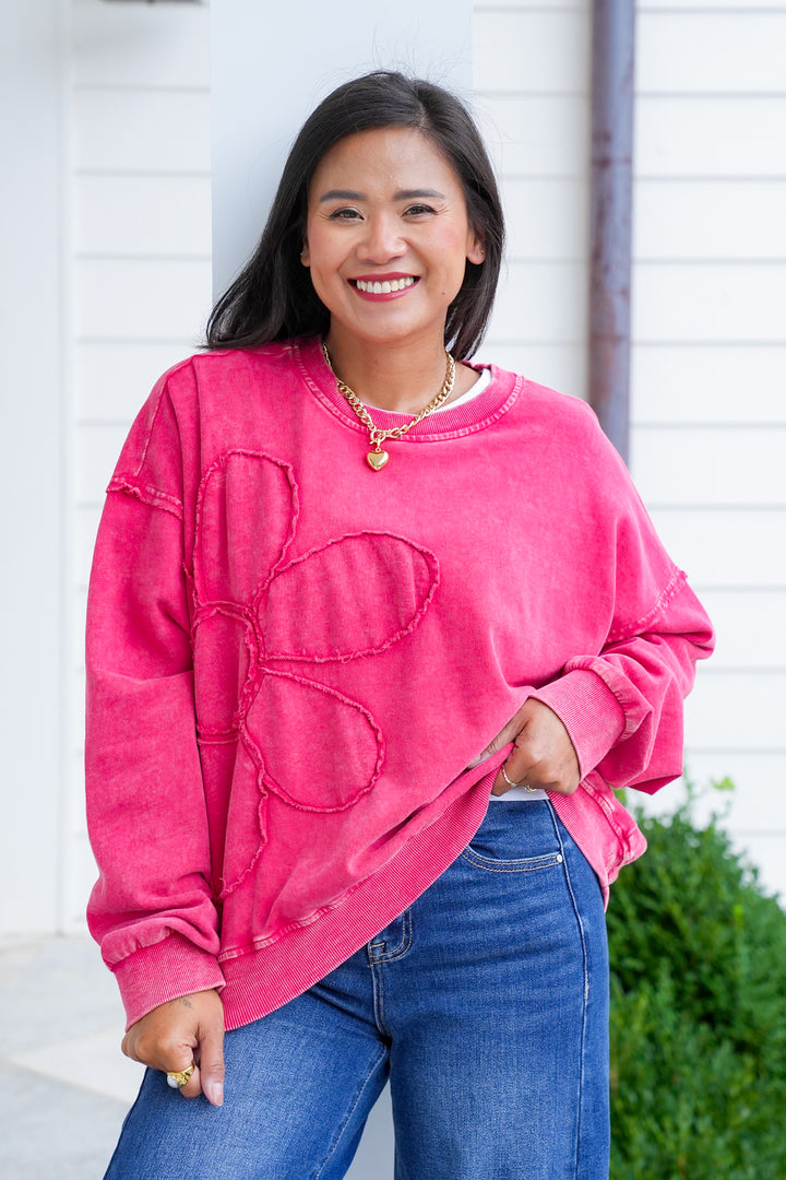 Mineral Wash Long Sleeve Pullover Sweatshirt with Flower Patch Detail