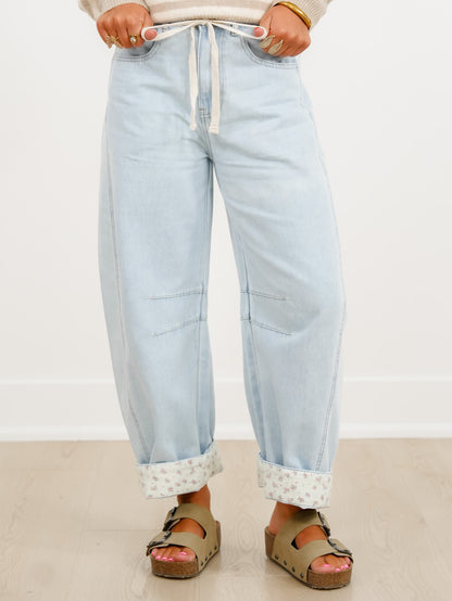 Light Wash Barrel Jeans with Floral Cuff