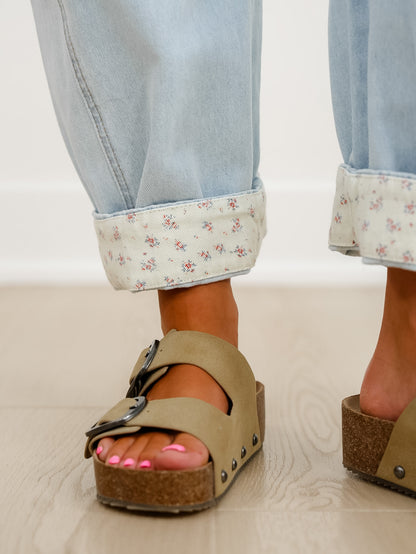 Light Wash Barrel Jeans with Floral Cuff