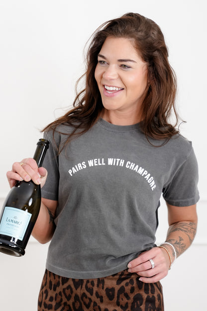 Short Sleeve "Pairs Will With Champagne" Graphic Crop Top