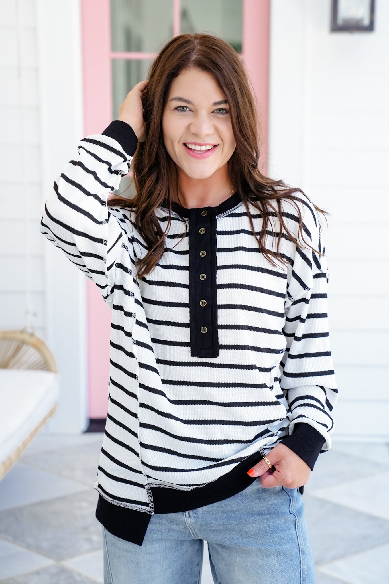 Plus/Reg Stripe Long sleeve Button Up Top