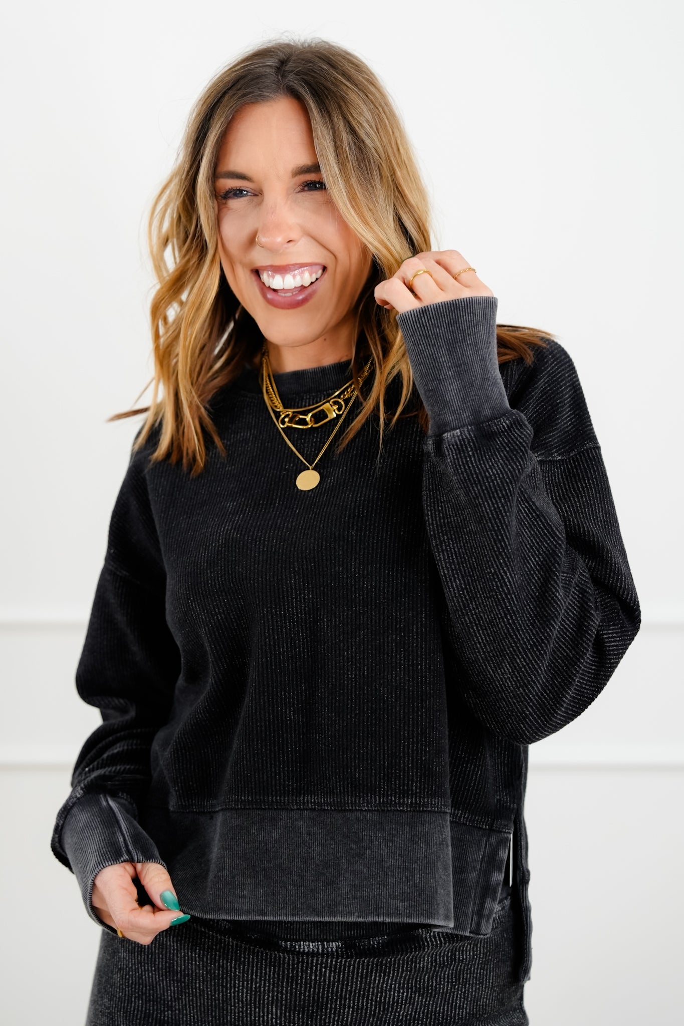 Plus/Reg Ribbed Long Sleeve Cropped Pullover Top