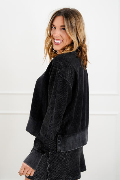 Plus/Reg Ribbed Long Sleeve Cropped Pullover Top