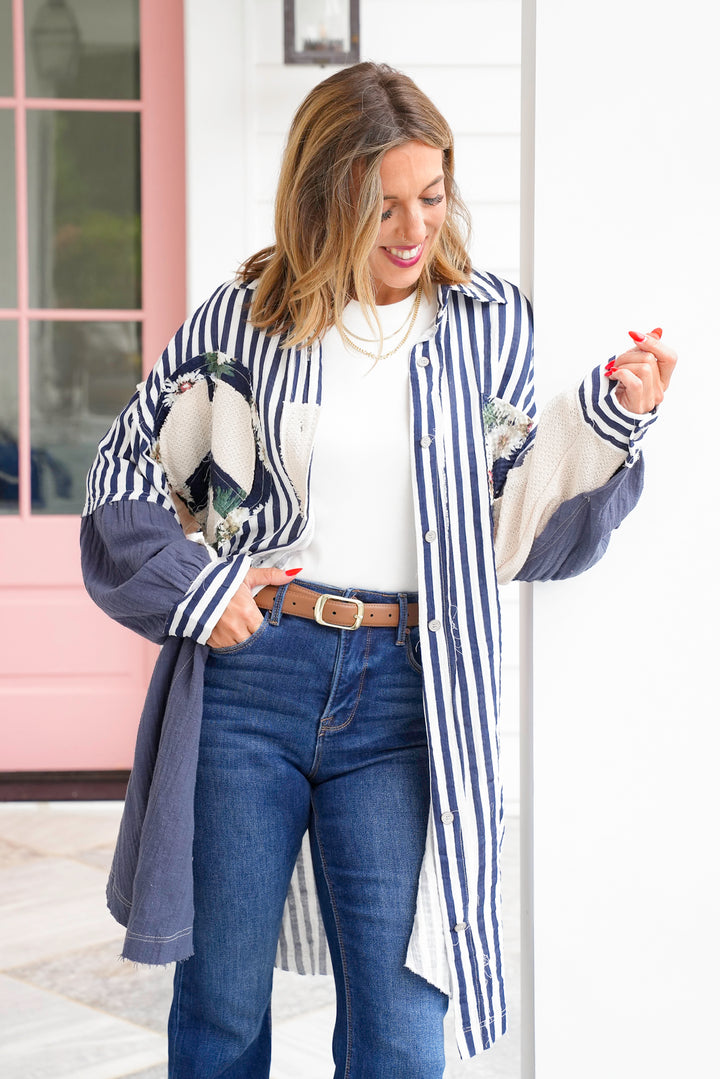 POL Stripe Long Sleeve Button Up Top with Peace Symbol