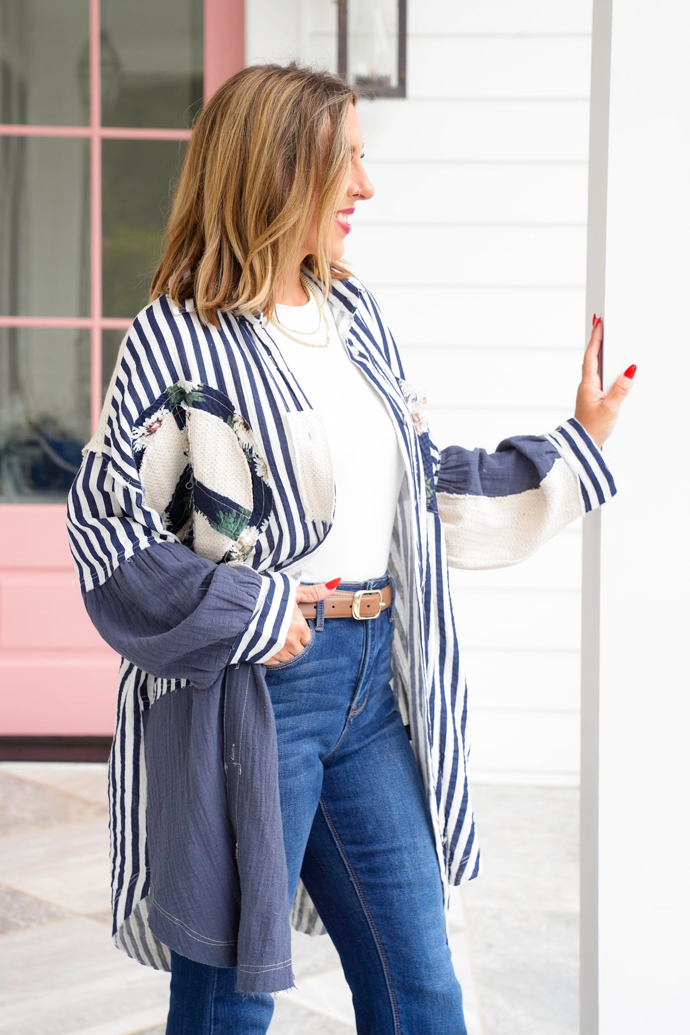 POL Stripe Long Sleeve Button Up Top with Peace Symbol