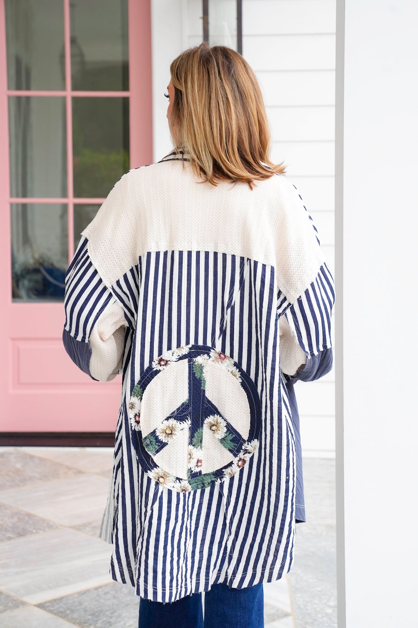 POL Stripe Long Sleeve Button Up Top with Peace Symbol