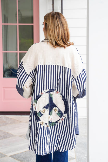 POL Stripe Long Sleeve Button Up Top with Peace Symbol