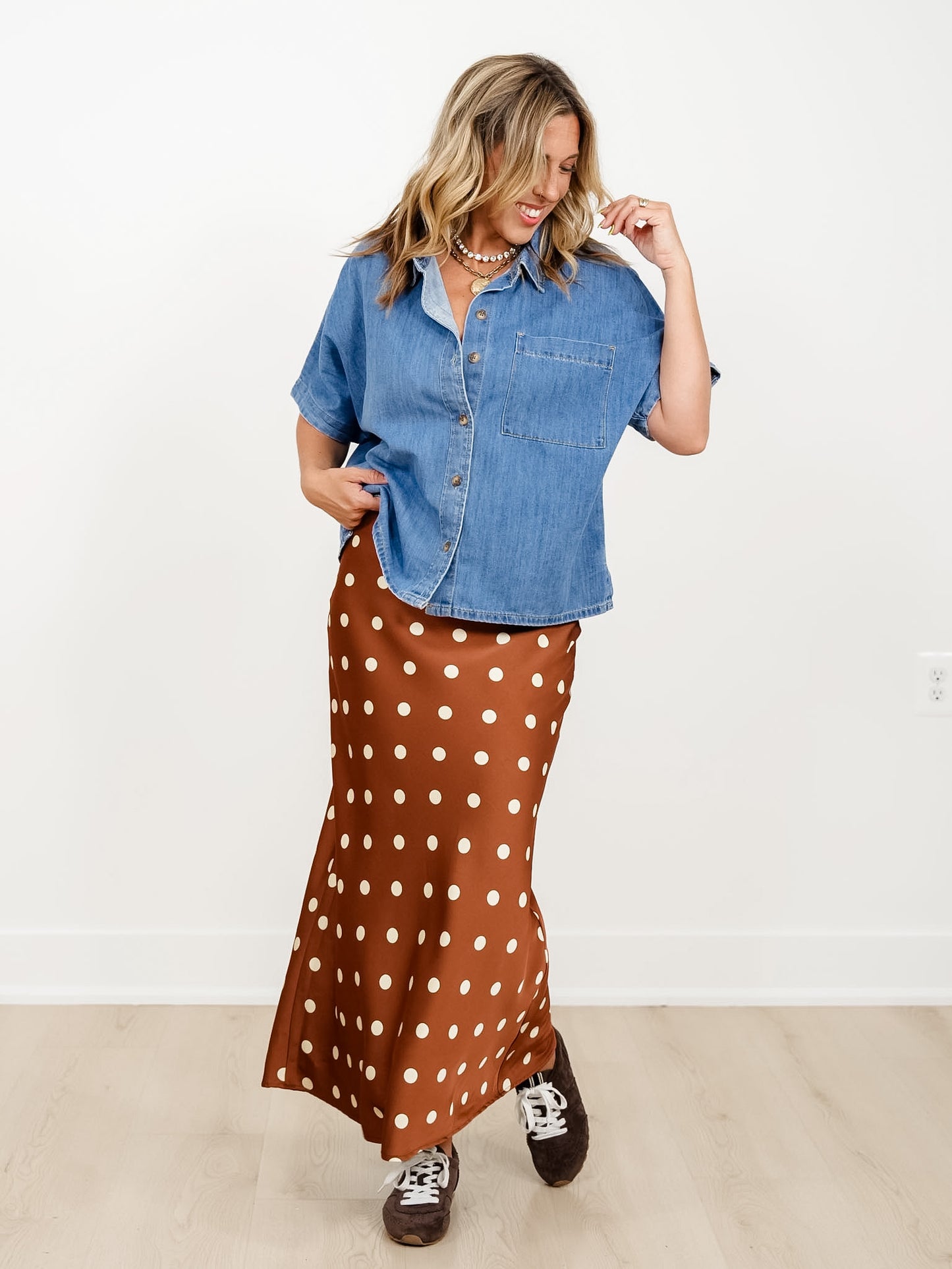 Medium Wash Short Sleeve Button Down Top