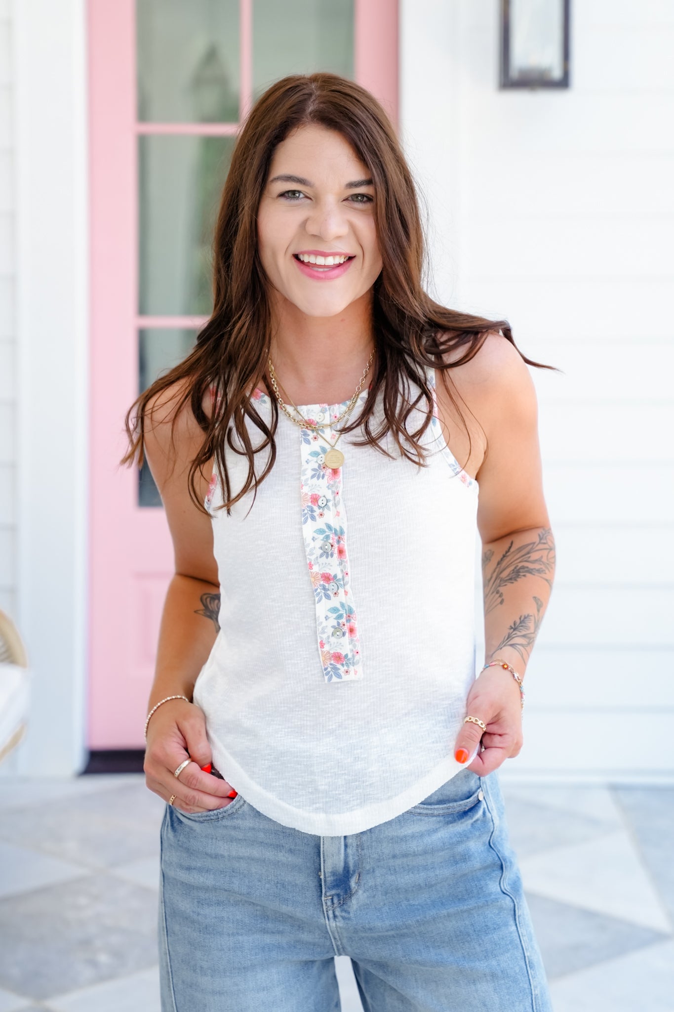 POL Sleeveless Knit Top with Floral Detail