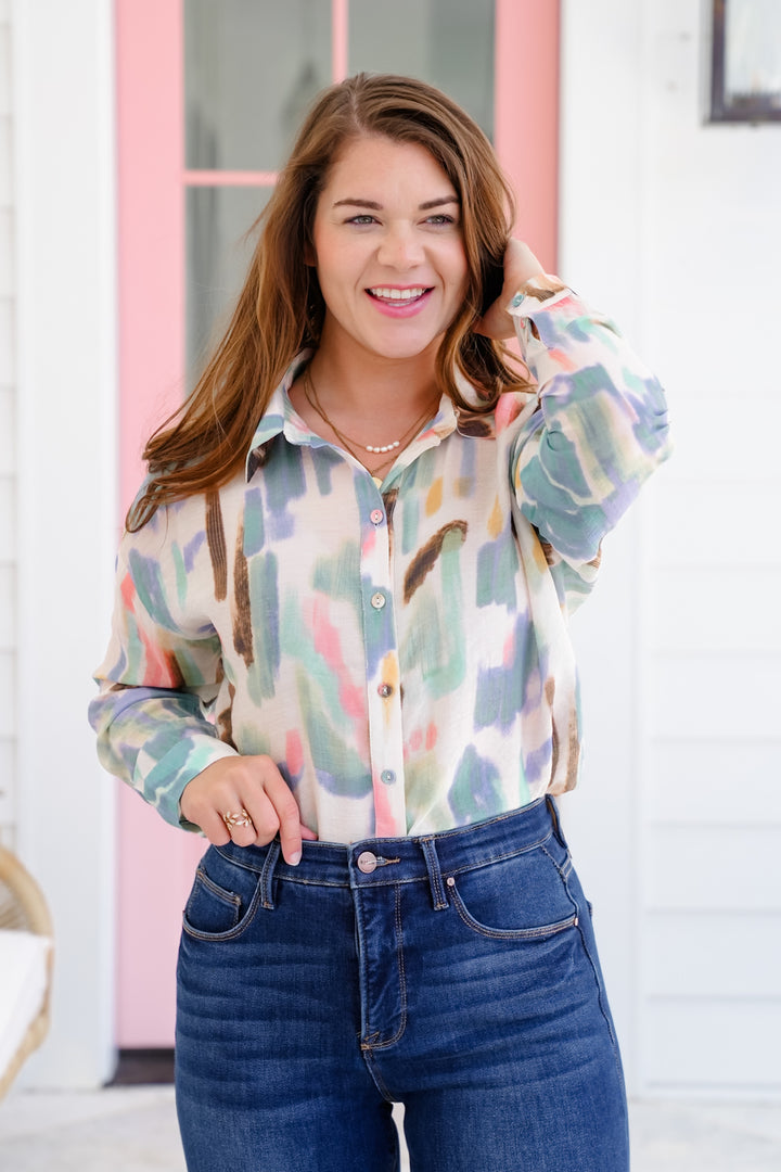 Abstract Print Long Sleeve Button Down Blouse