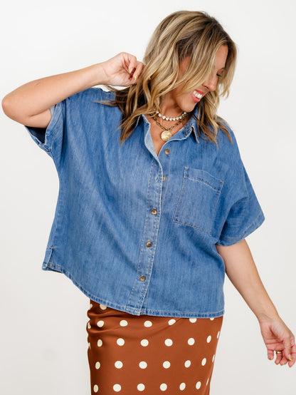 Medium Wash Short Sleeve Button Down Top