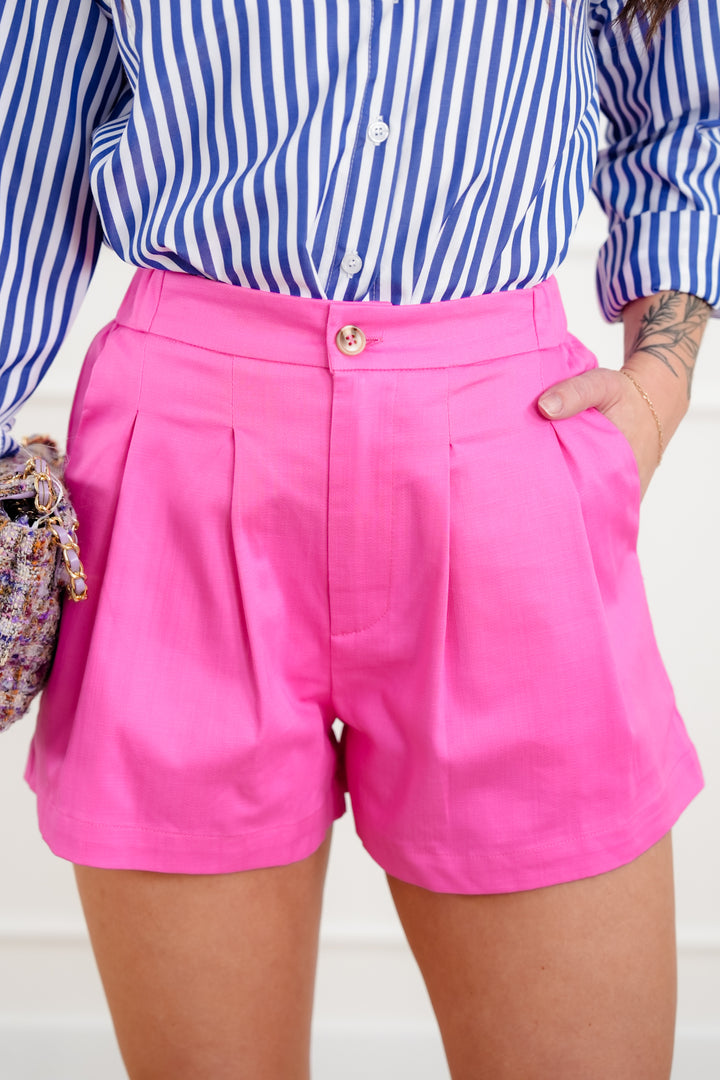 Pink Twill Pleated Shorts with Side Pockets