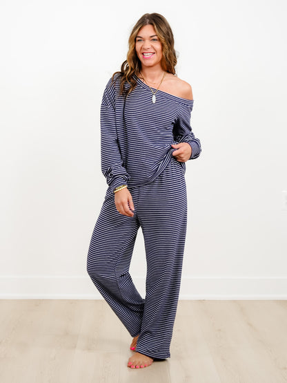 Stripe Long Sleeve Off Shoulder Top and Pants Set