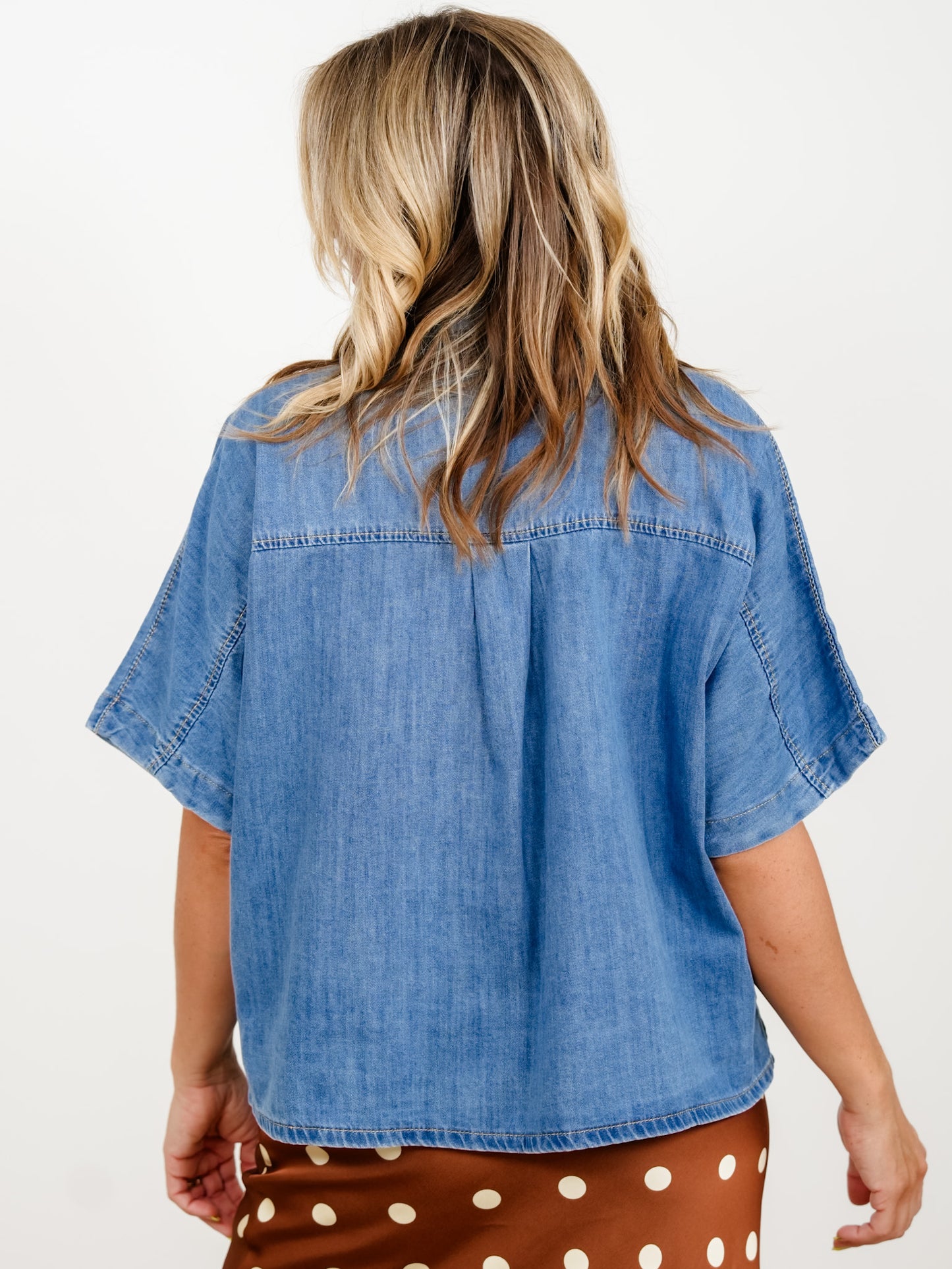 Medium Wash Short Sleeve Button Down Top