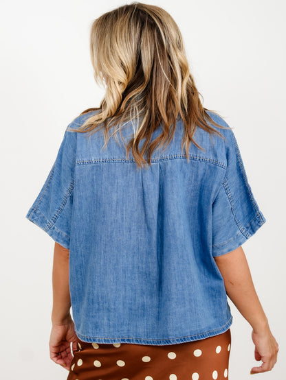 Medium Wash Short Sleeve Button Down Top