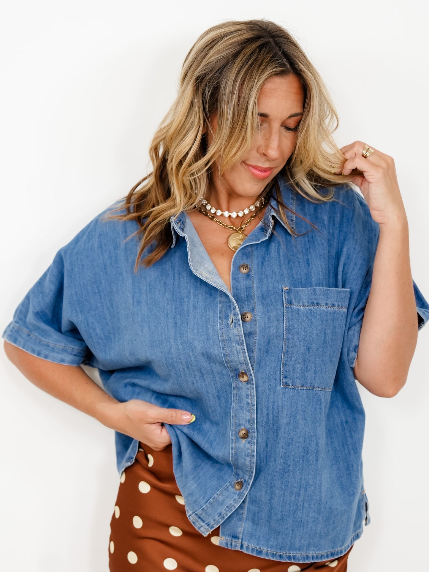Medium Wash Short Sleeve Button Down Top