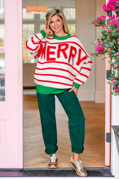 Plus/Reg Striped Long Sleeve "Merry" Knit Sweater