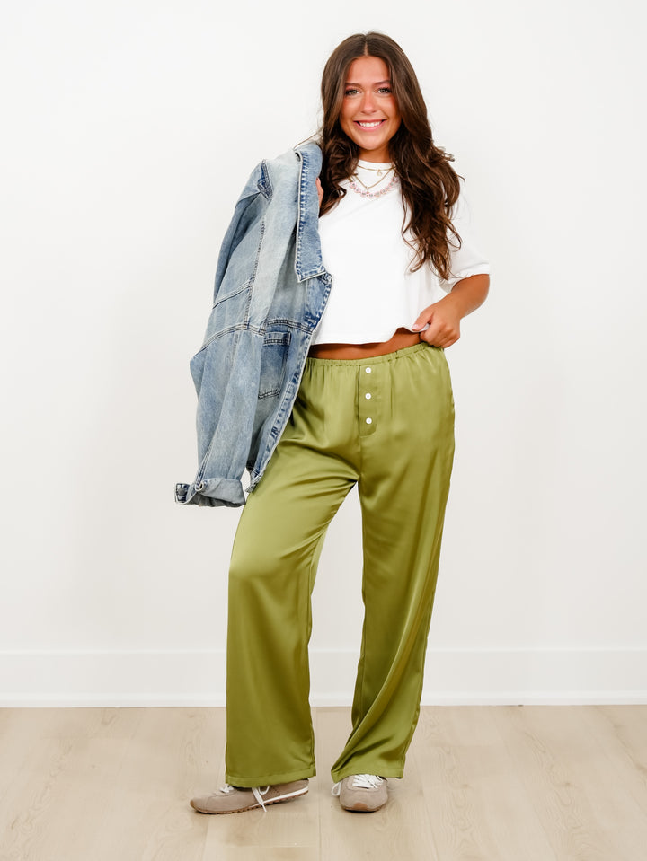 Satin Elastic Waist Pants with Side Pockets - Freckled Poppy