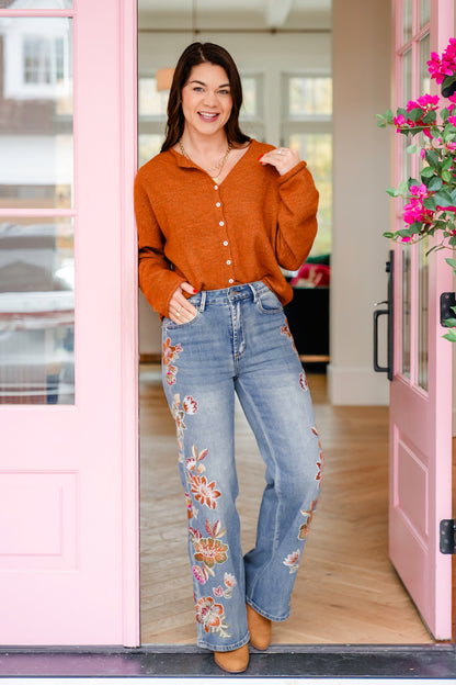Medium Washed High Waist Jeans with Flower Embroidery
