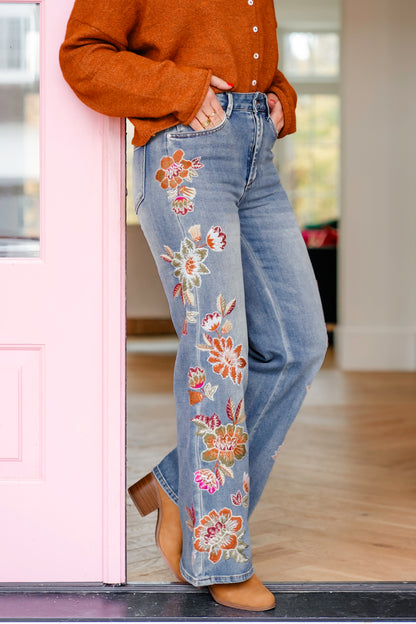 Medium Washed High Waist Jeans with Flower Embroidery