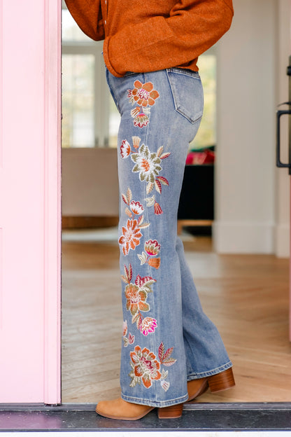 Medium Washed High Waist Jeans with Flower Embroidery