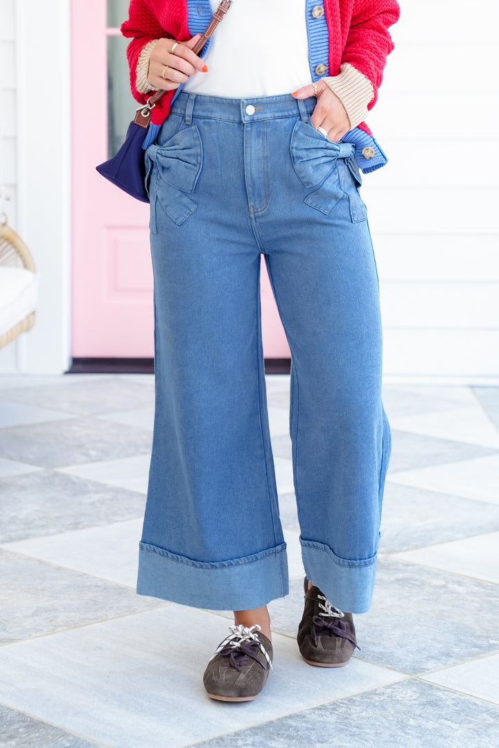 Plus/Reg Medium Wash Wide Leg Pants with Bow Detail